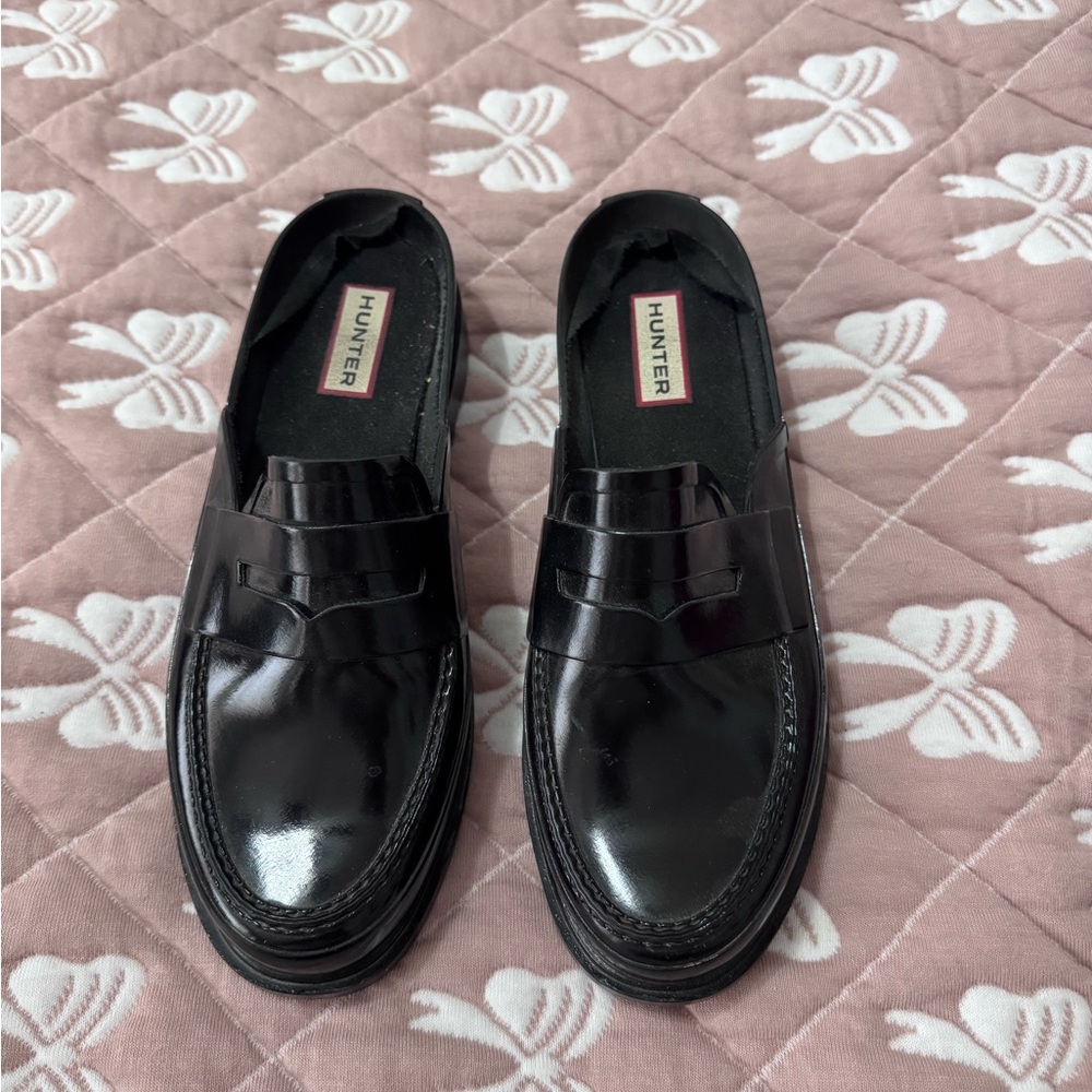 Hunter Black Patent Penny Loafers - Women’s Slip-On Mules